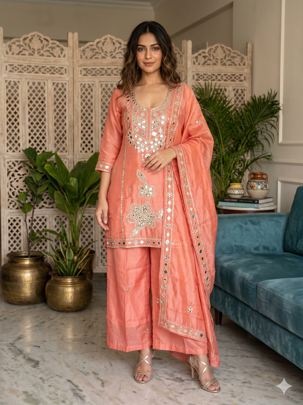 Rust Peach Shimmer Tissue Embroidered Suit _113