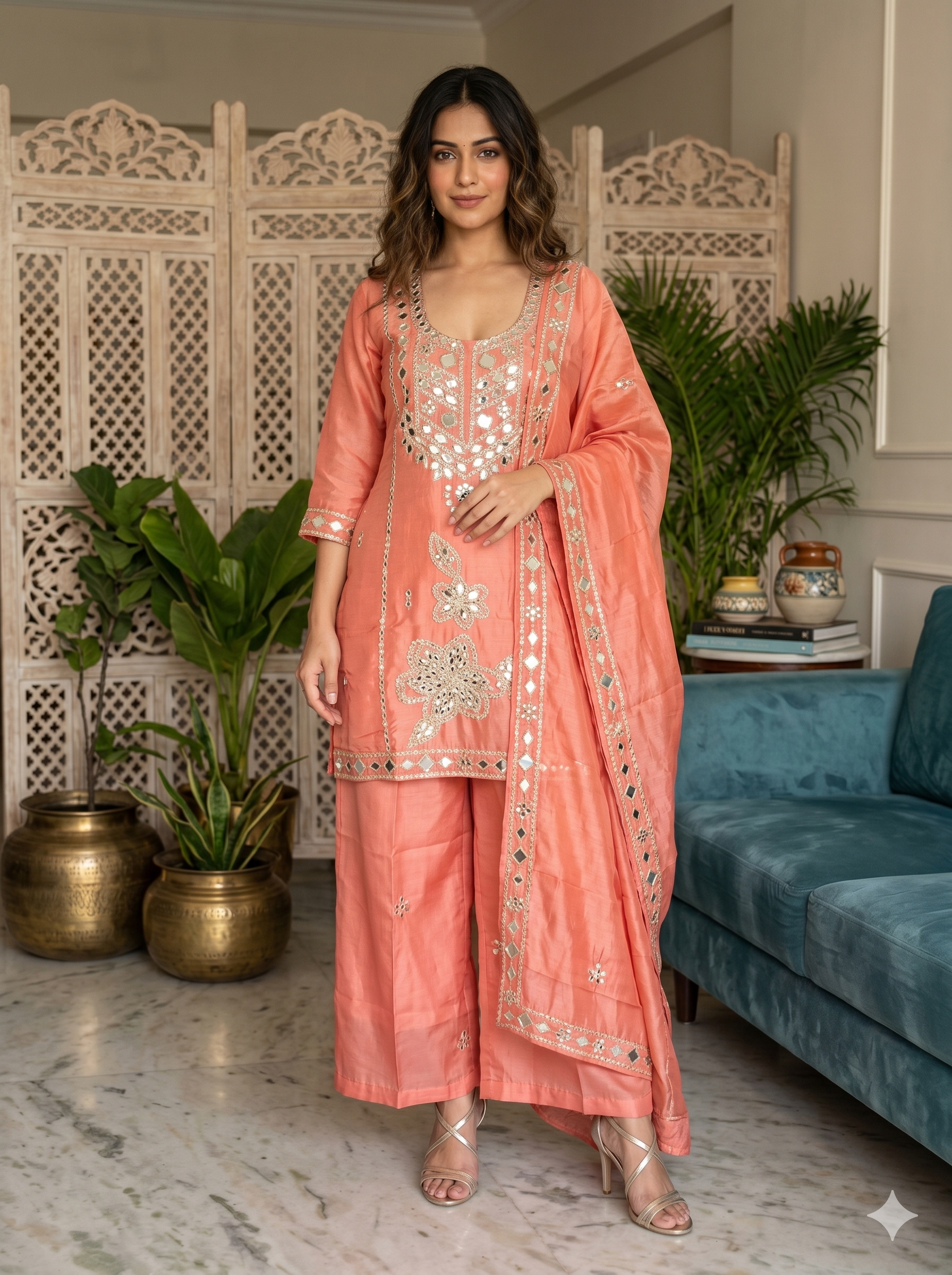 Rust Peach Shimmer Tissue Embroidered Suit _113