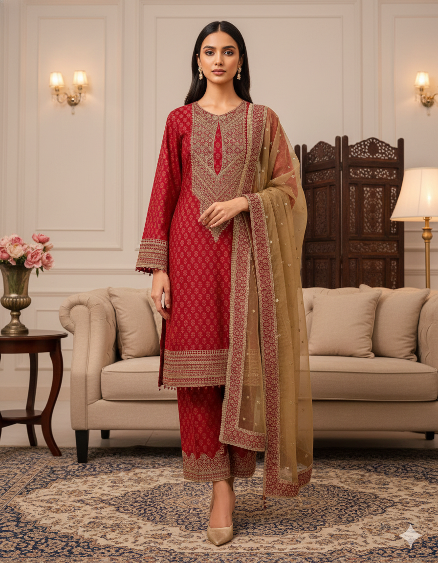 Red Chinon Silk Palazzo Set_036