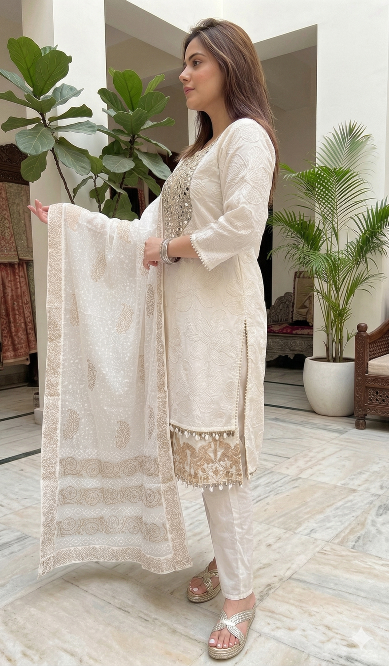White and Golden double layered embroidered Suit_086