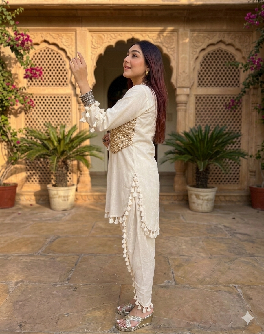 White Dhoti co-ord set with Golden jacket_072