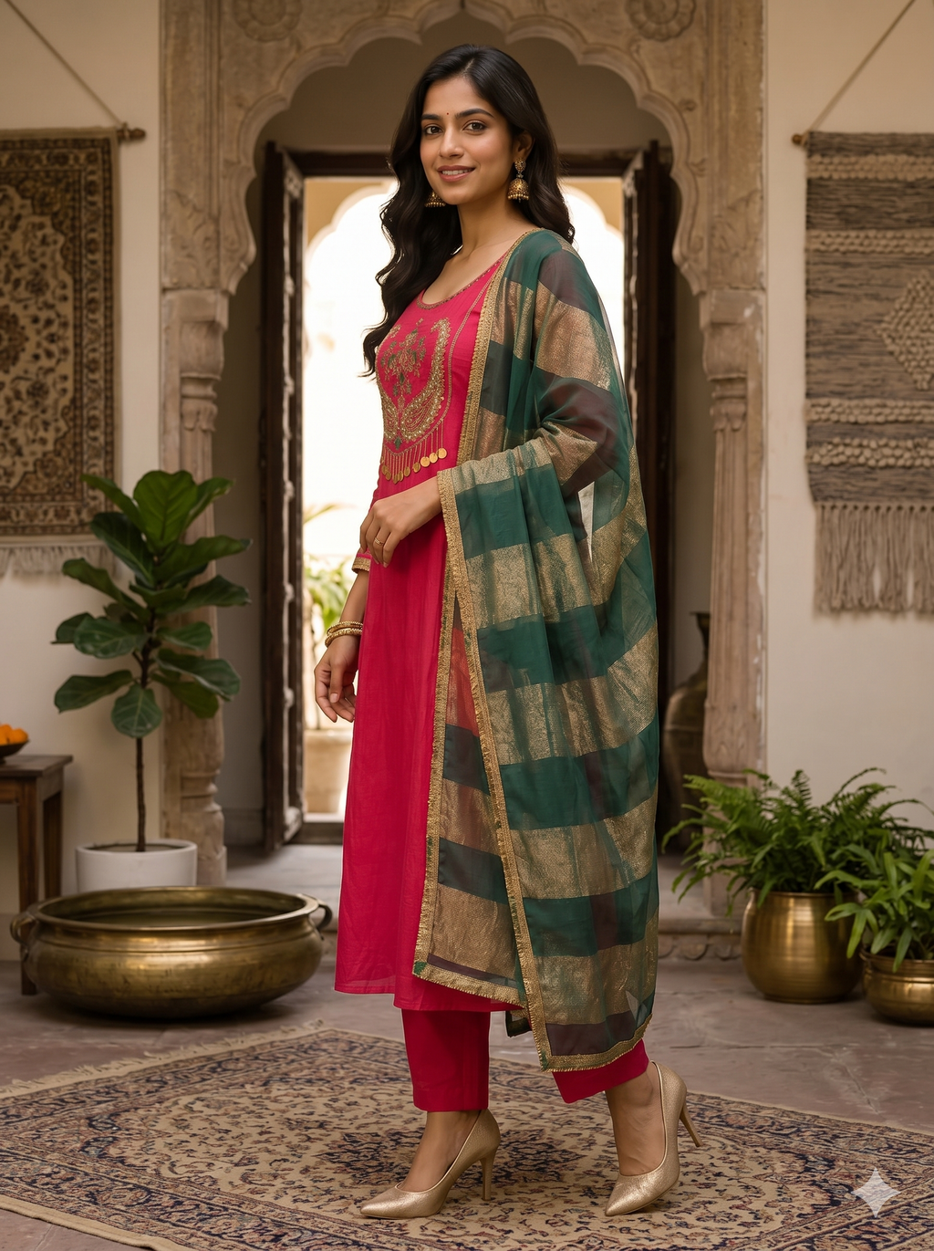 Red and Emerald Green Mulhanderi Zardozi Embroidered 3PC suit_122