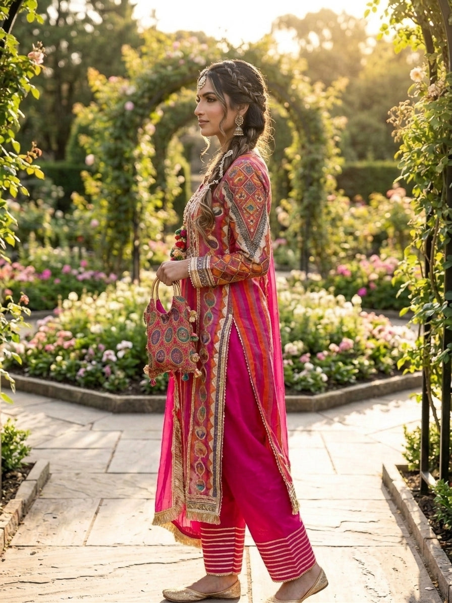 Pink & Orange Pure Crepe Embroidered Suit with Potli_159