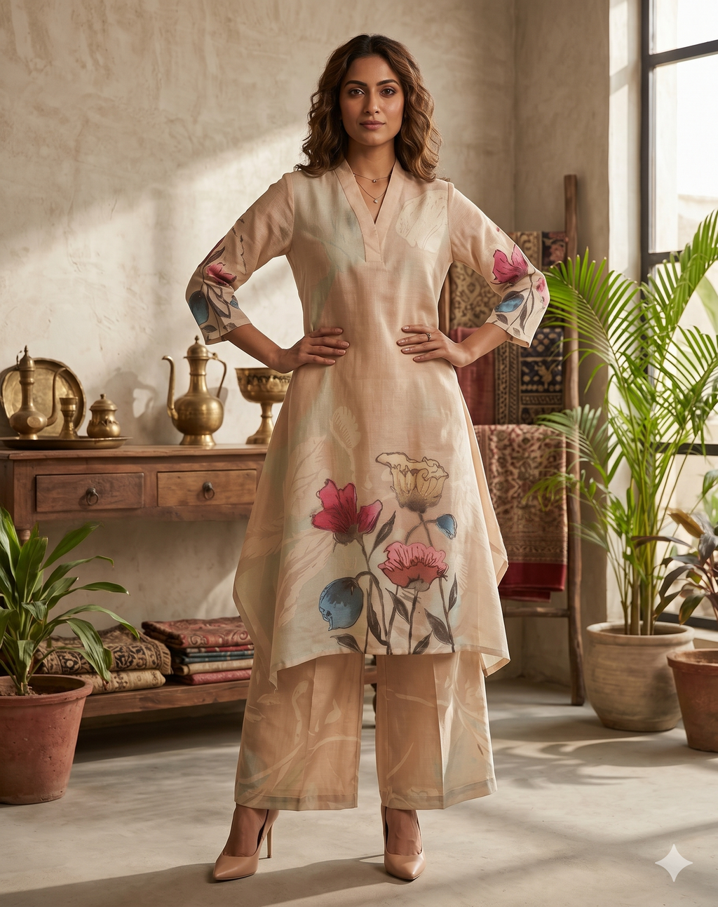 Beige Linen 2PC Palazzo Set_093