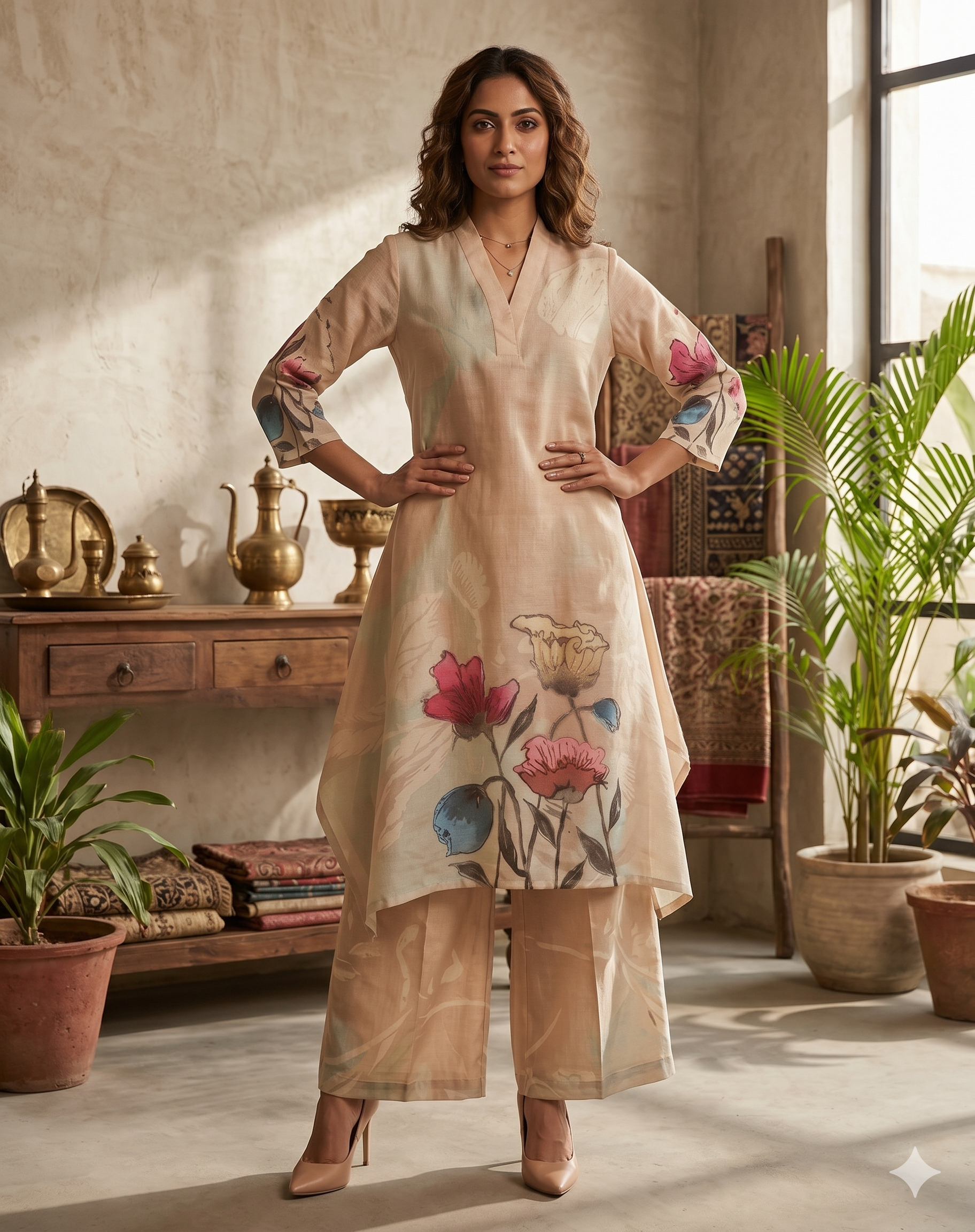 Beige Linen 2PC Palazzo Set_093
