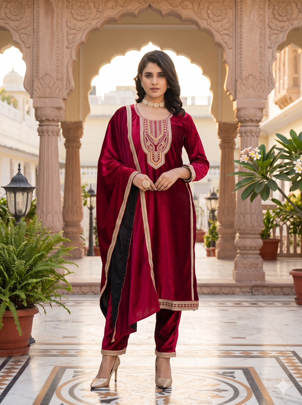 Majestic Deep Red & Gold Velvet Embroidered 3PC Set_118