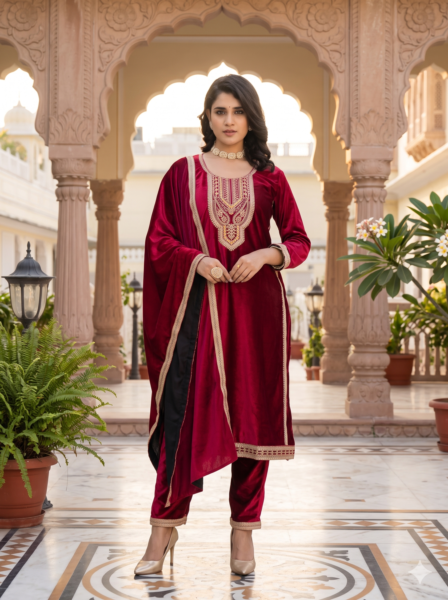 Majestic Deep Red & Gold Velvet Embroidered 3PC Set_118