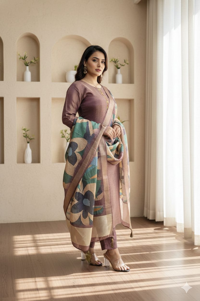 Copper Tissue Crush Shimmer suit with Designer Dupatta_065