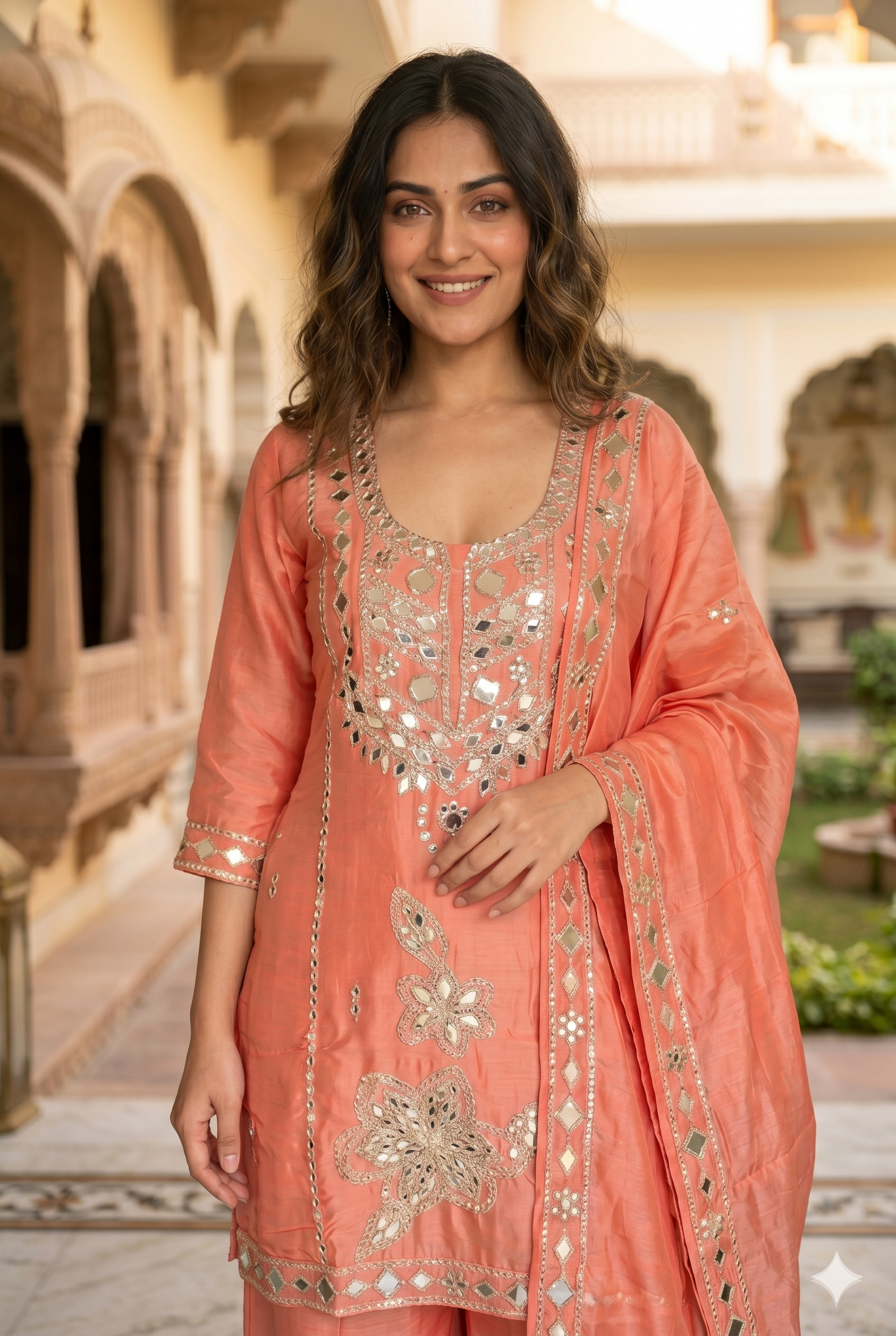 Rust Peach Shimmer Tissue Embroidered Suit _113