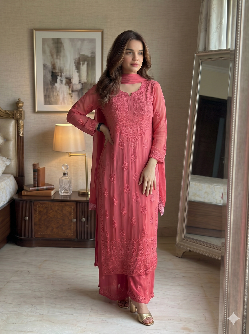 Pink Ombre Chikankari Embroidered Suit_106