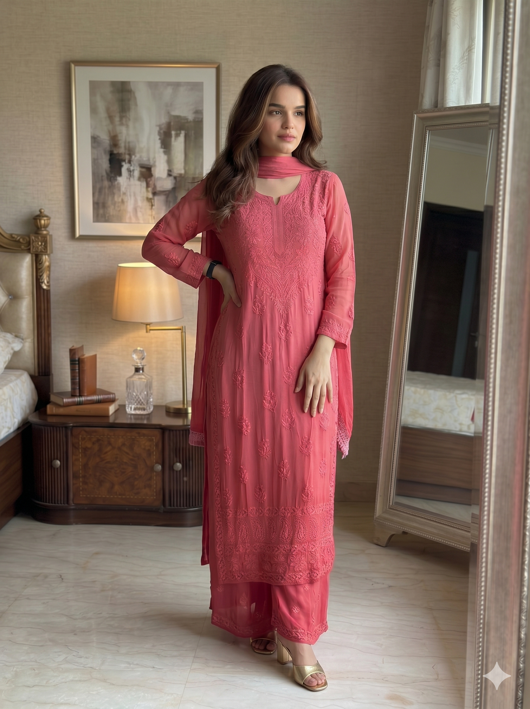 Pink Ombre Chikankari Embroidered Suit_106