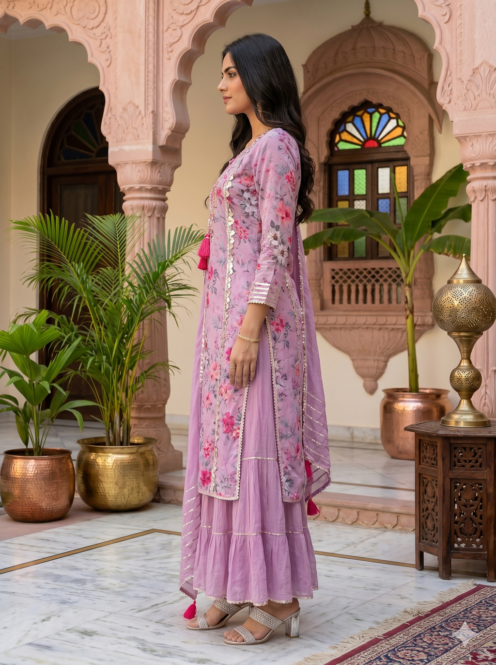 Pink Muslin Kurta with Flared Skirt & Gotta Detailing_114