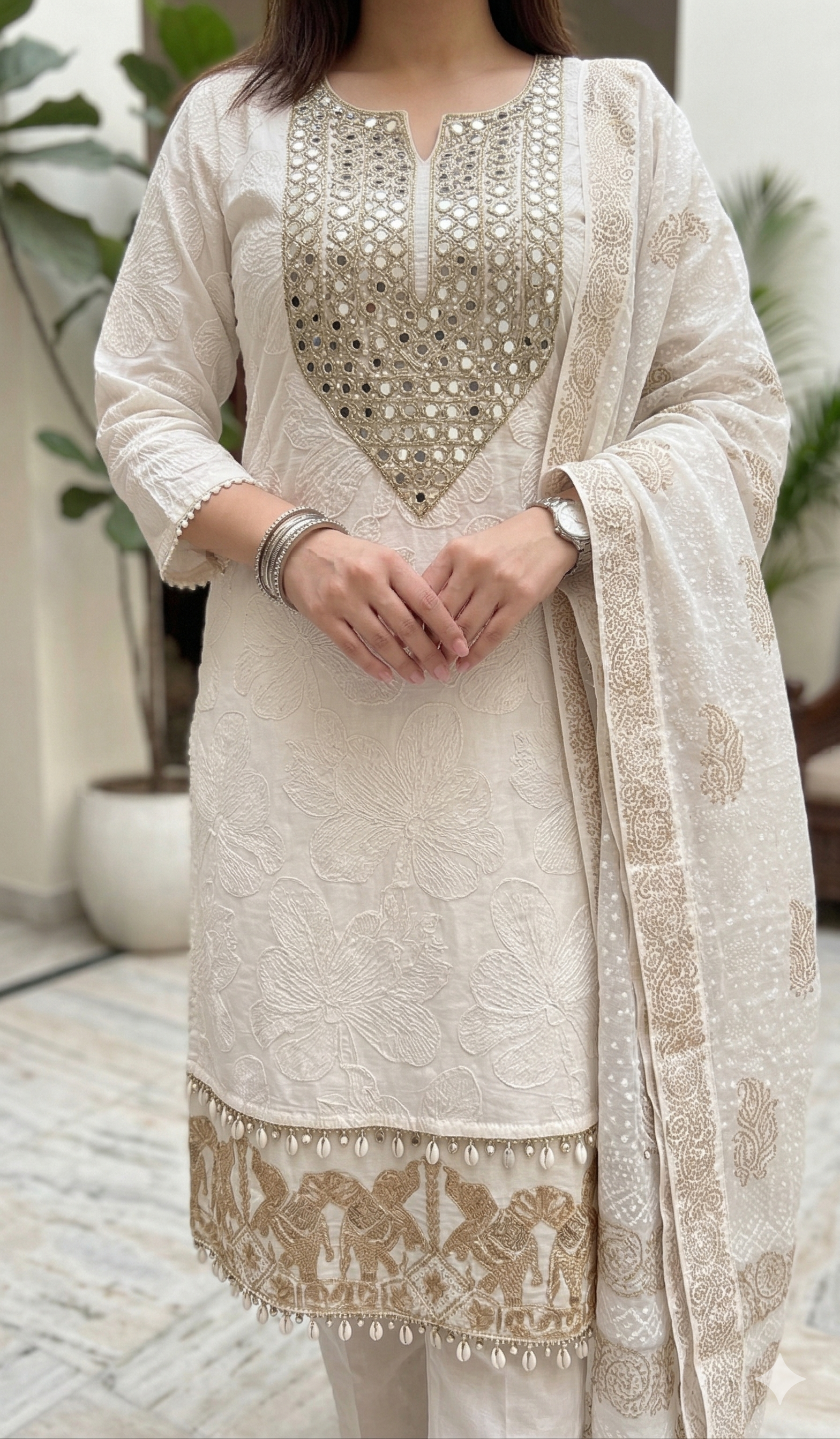 White and Golden double layered embroidered Suit_086