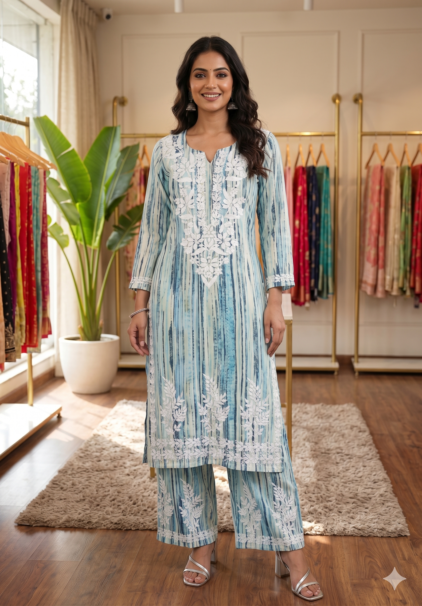 Blue Embroidered Chikankari Palazzo Set_104