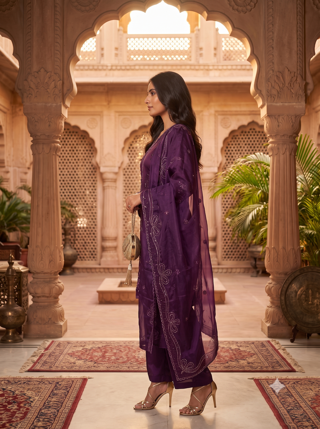 Pakistani Shisha Silk Embroidered 3PC Set_Royal Purple Majesty_125