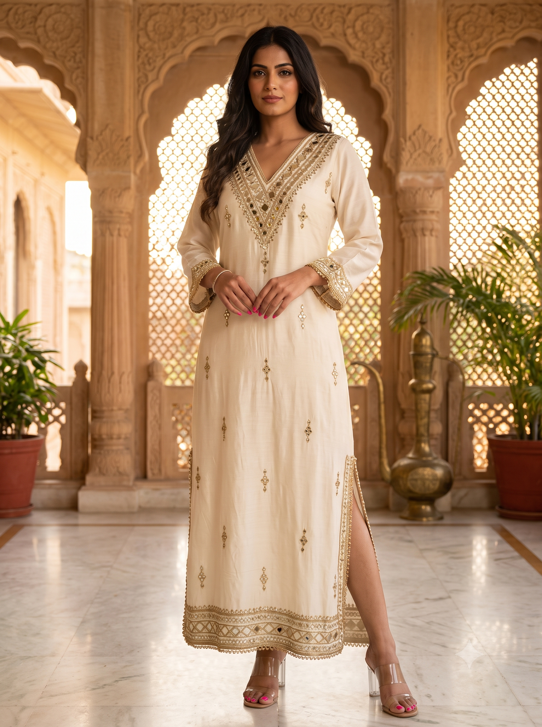 Ivory Gold Luxe Embroidered Kaftan Dress_142