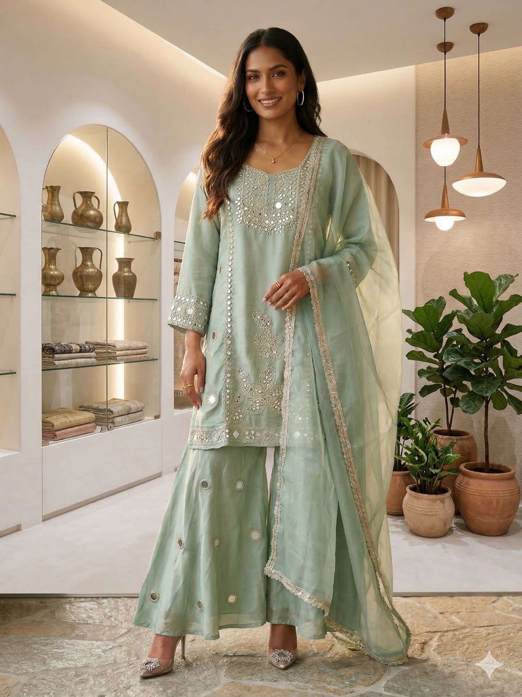 Sea Green Embroidered Sharara Set_084