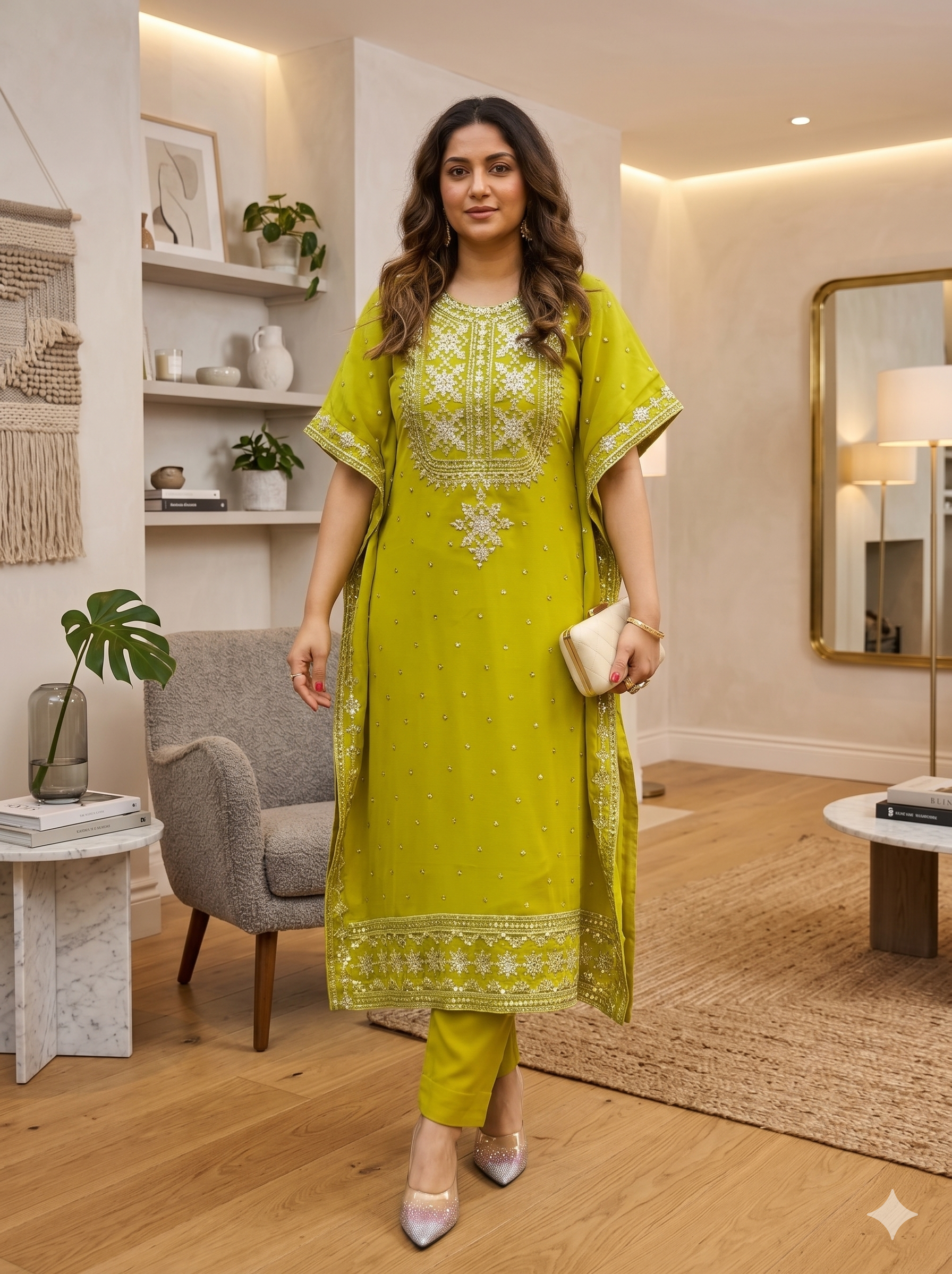 Green Georgette Kaftan Pant Set with Sequins and Zari Work_102