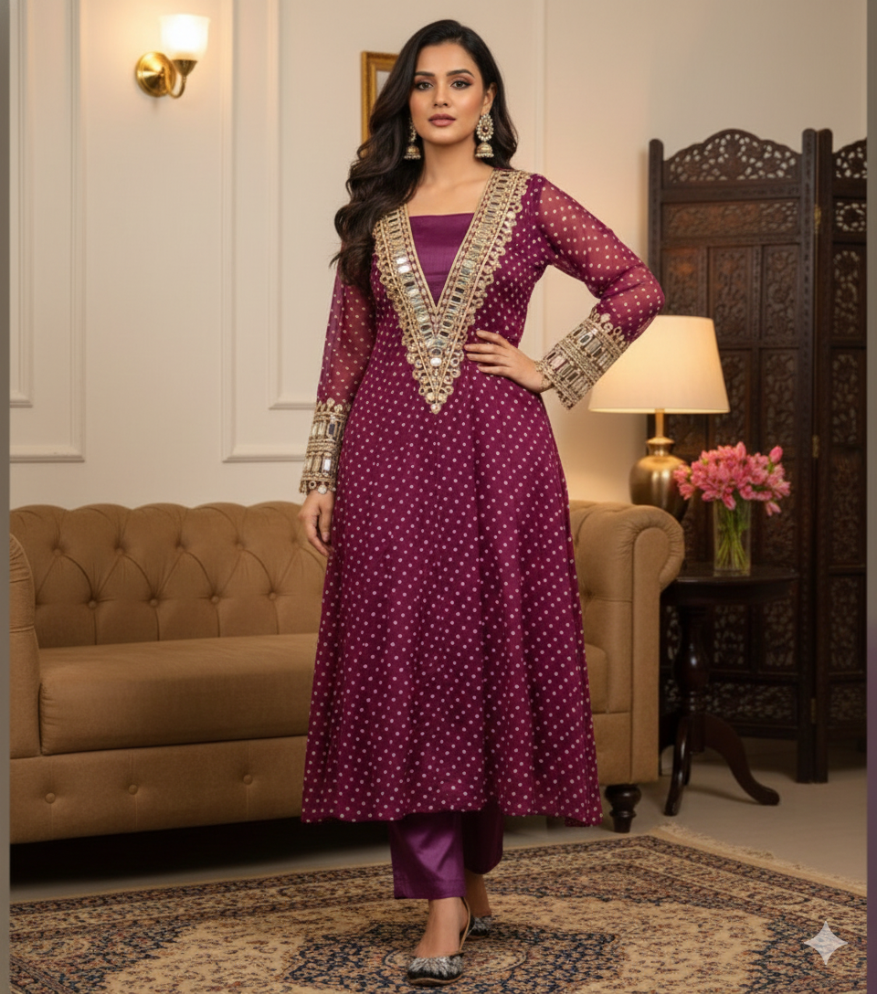 Purple 3-piece Chinon Kurti Set with Real Mirror_033