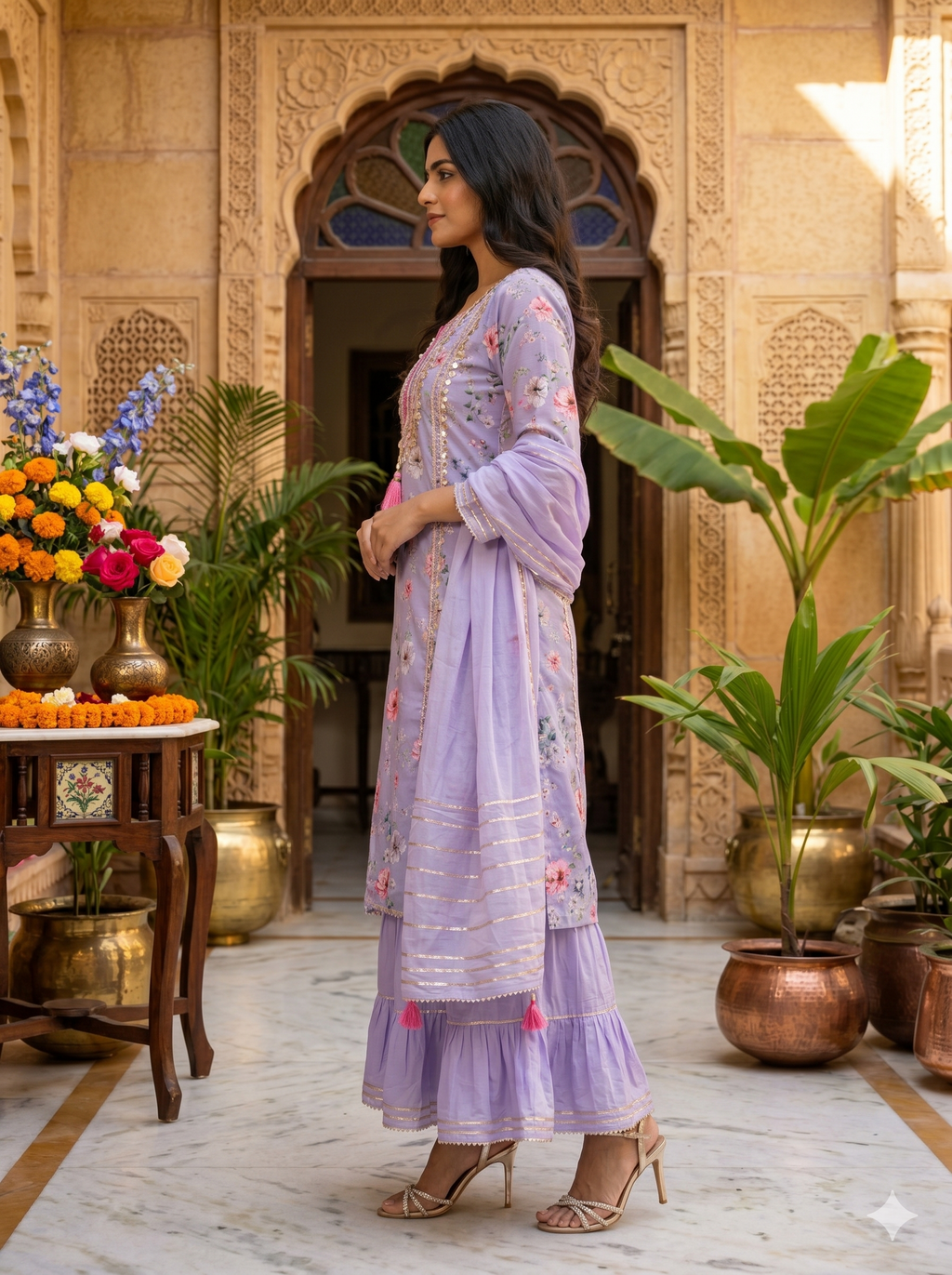 Lavender Muslin Kurta with Flared Skirt & Gotta Detailing_116
