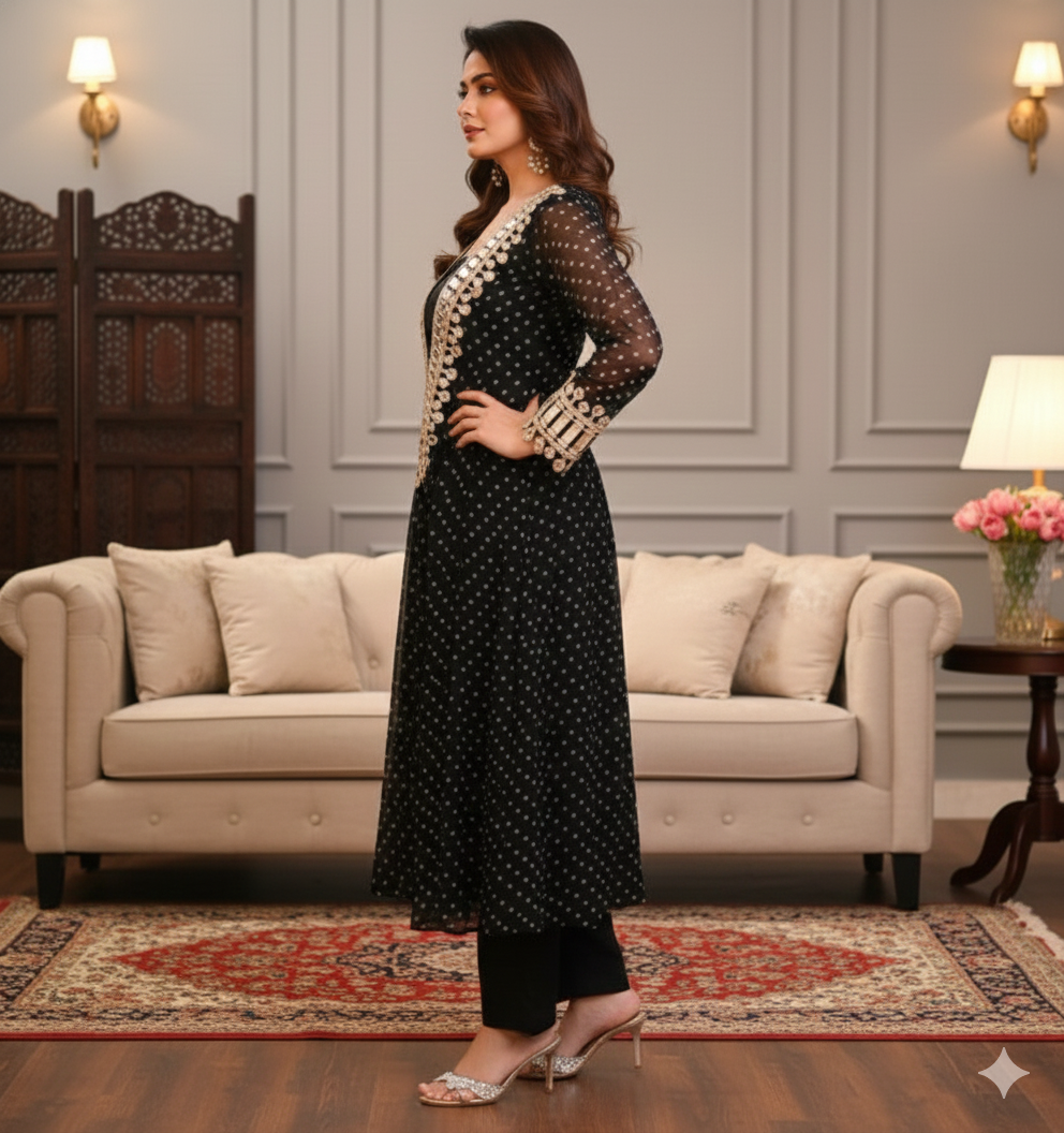 Black 3-piece Chinon Kurti Set with Real Mirror_034