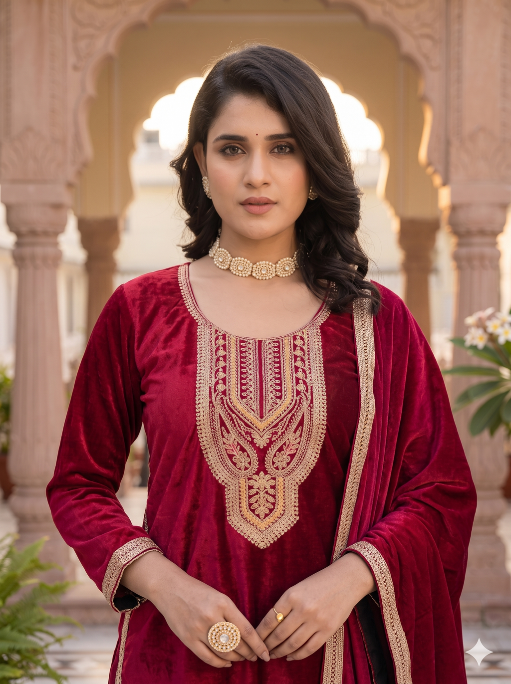 Majestic Deep Red & Gold Velvet Embroidered 3PC Set_118