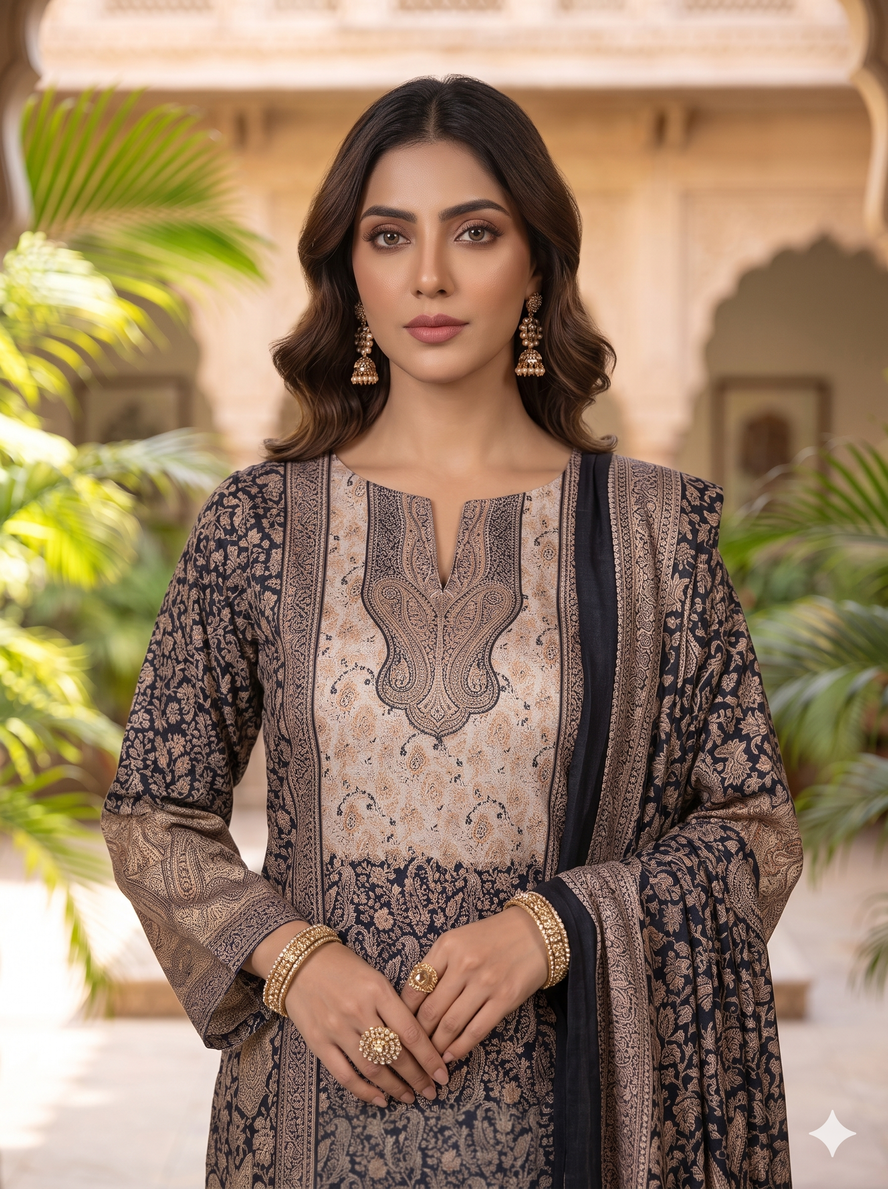 Luxe Beige & Black Velvet Embroidered 3PC Set _119