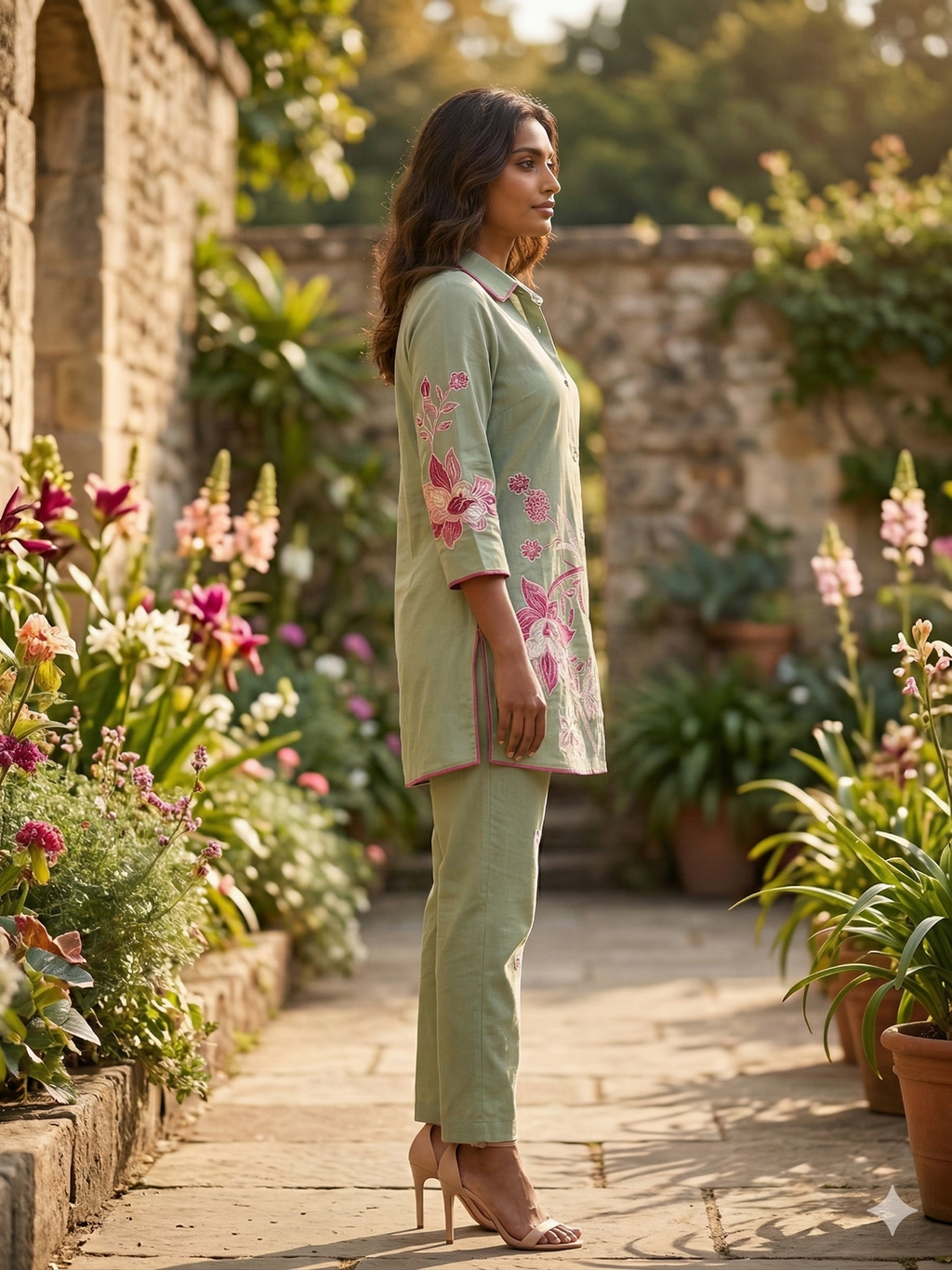 Pastel Green co-ord set with pink floral print_076