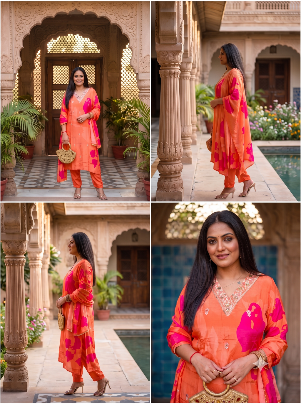 Sunset Orange Pure Crepe Embroidered Suit Set_145