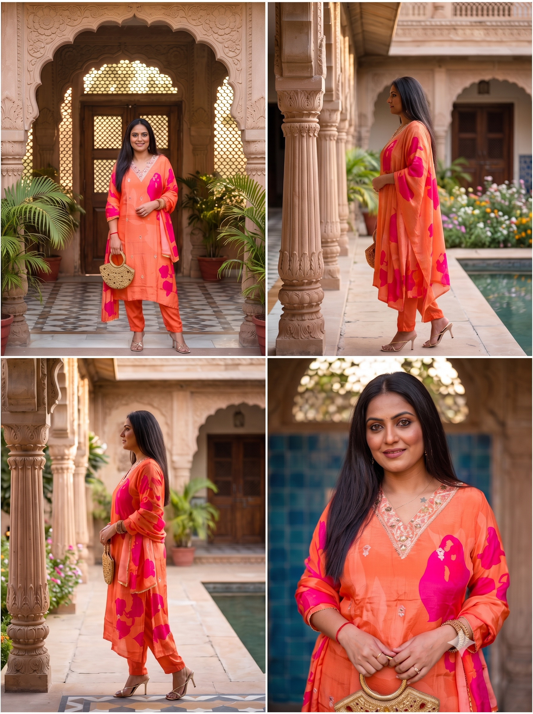 Sunset Orange Pure Crepe Embroidered Suit Set_145