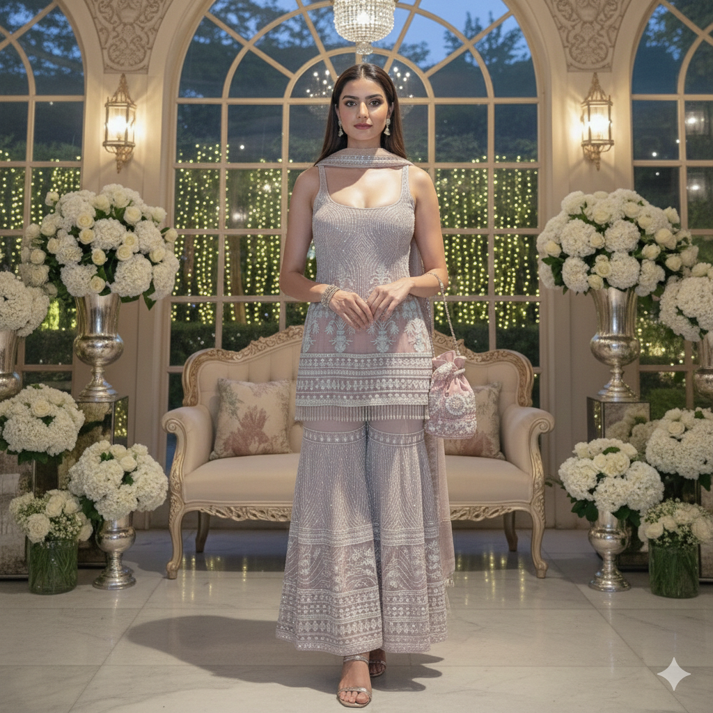 Radiating Dusty Pink Soft Net Top and Ruffle Plazzo Set for Party Wear_043