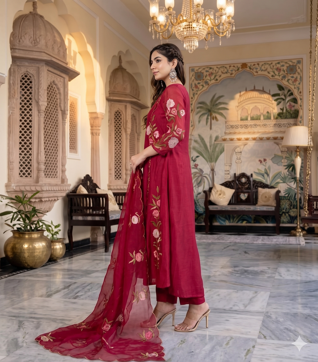 Burgundy Color Muslin Embroidered Kurta Set with Dupatta_101