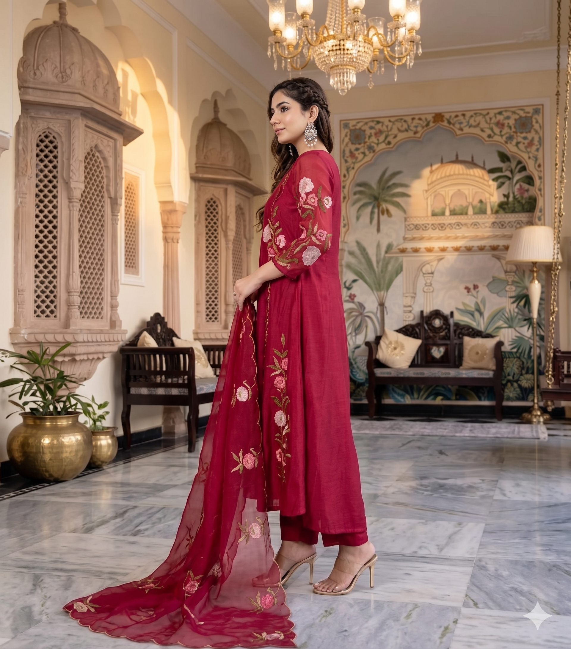Burgundy Color Muslin Embroidered Kurta Set with Dupatta_101