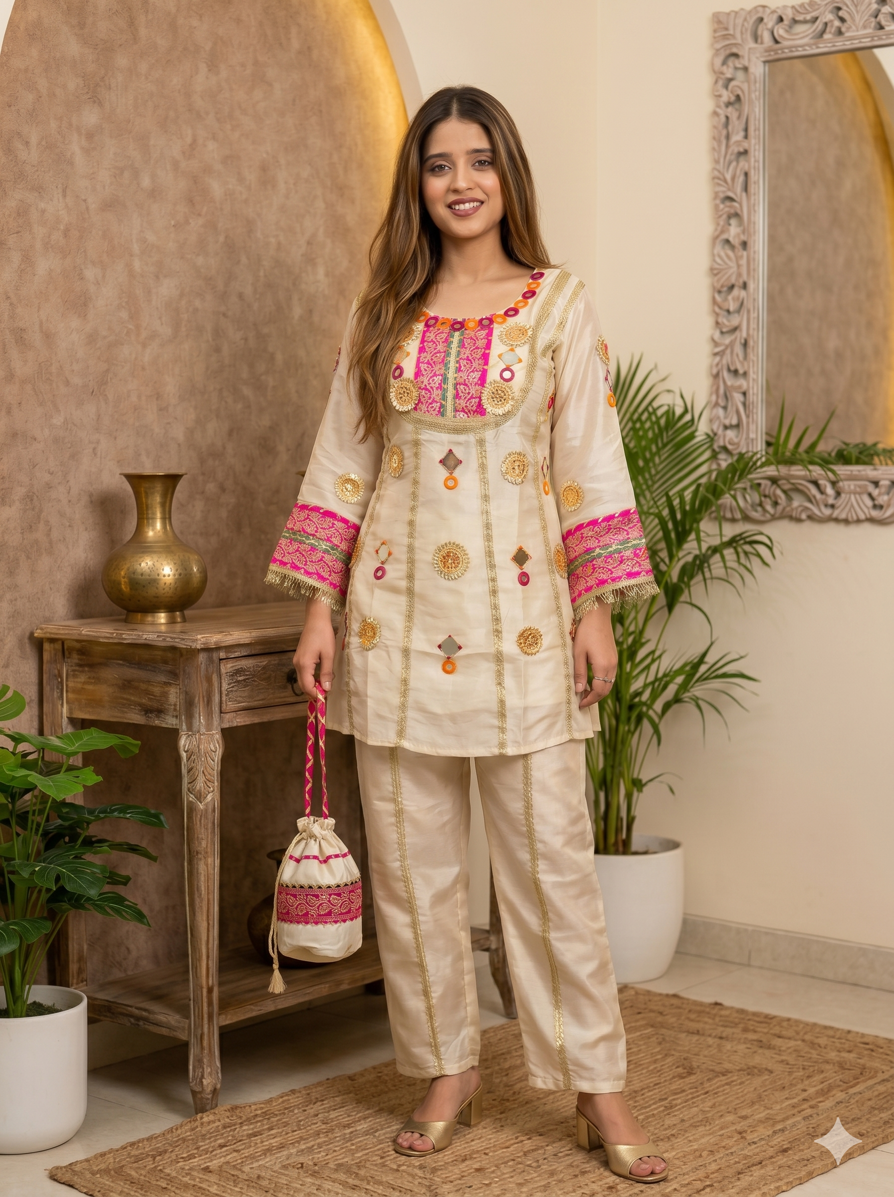 Cream colour Premium Tissue Silk Gotta Coord set with Potli_105