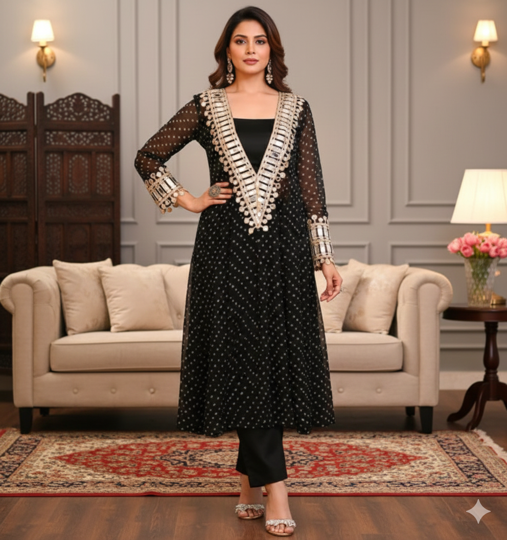 Black 3-piece Chinon Kurti Set with Real Mirror_034