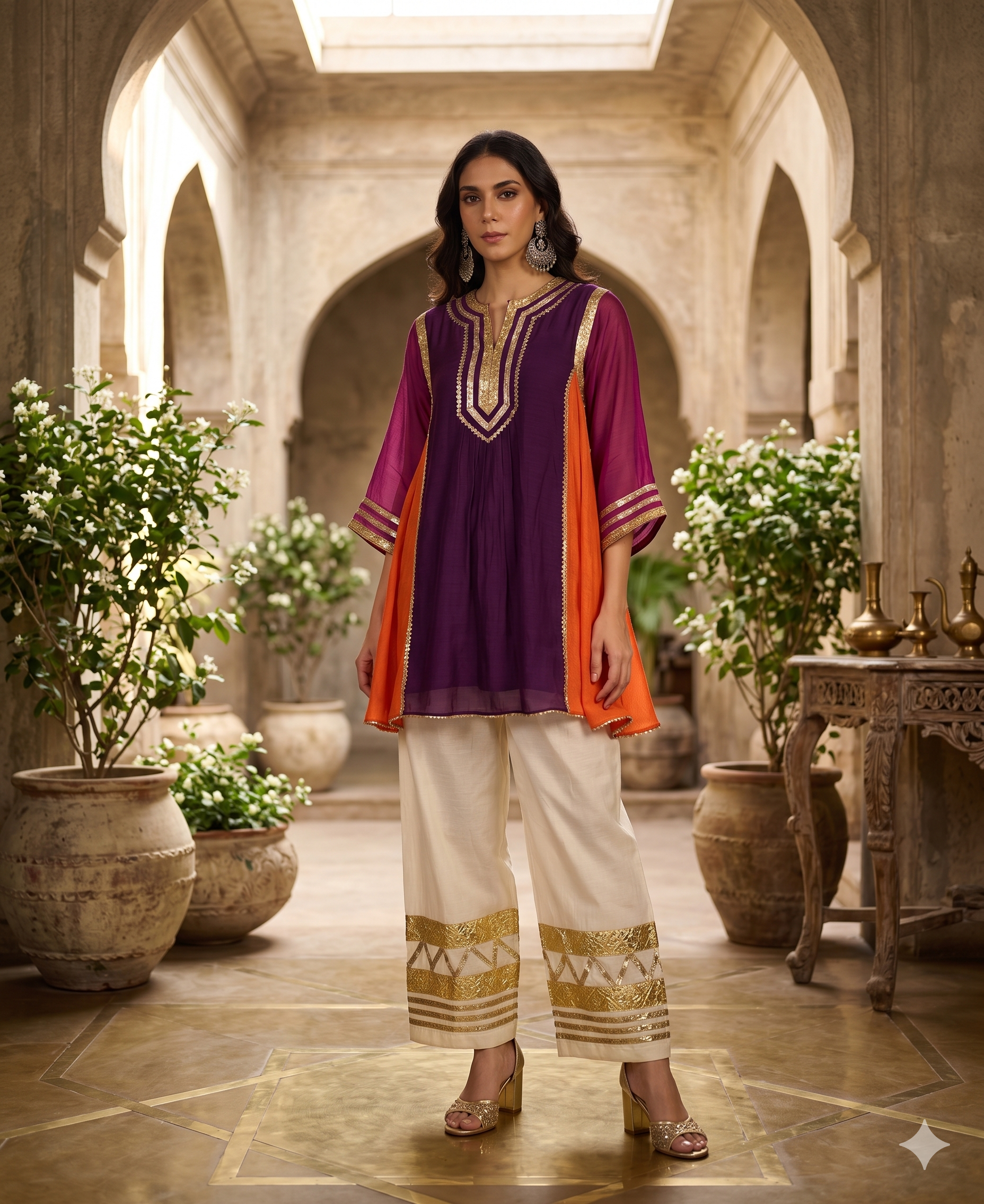 Wine Chanderi Co Ord Kurti Set with Gopatti Lace Work_100