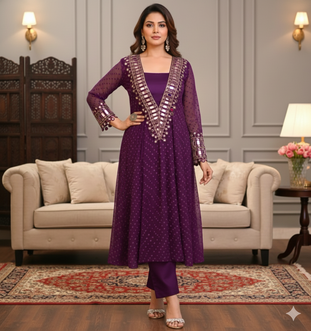 Violet 3-piece Chinon Kurti Set with Real Mirror_035