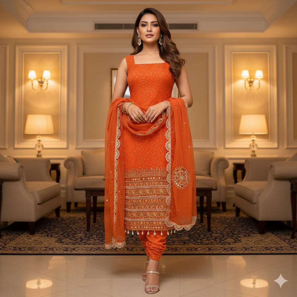 Orange Bandhani Suit with Pearl Moti & Mirror Work_030