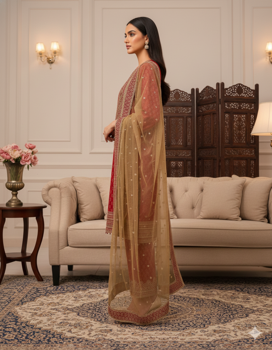 Red Chinon Silk Palazzo Set_036