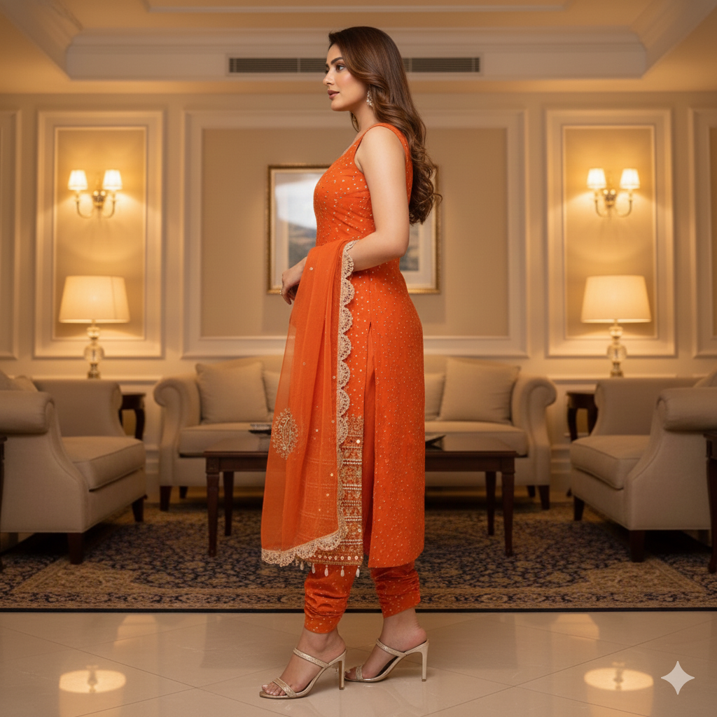 Orange Bandhani Suit with Pearl Moti & Mirror Work_030