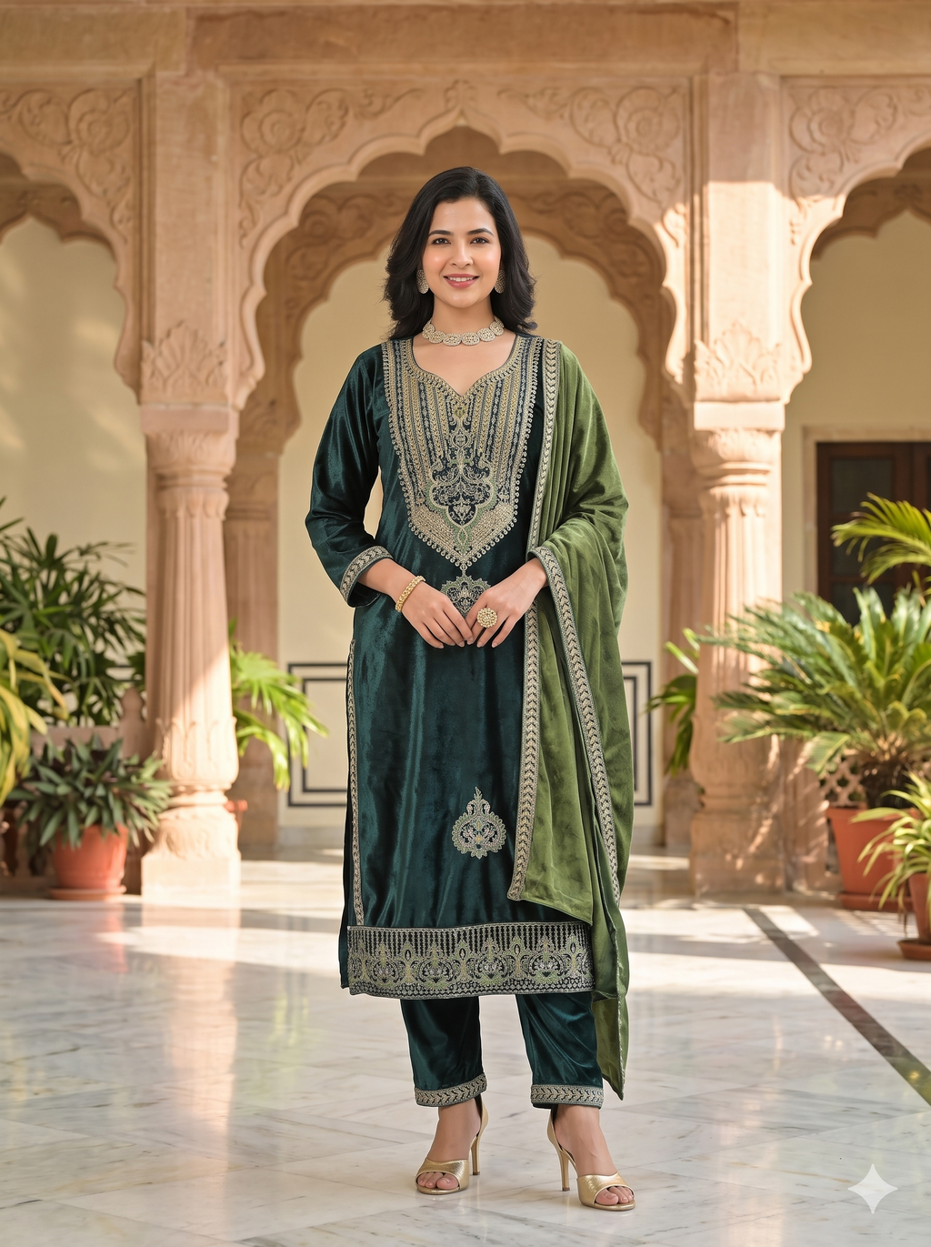 Premium Emerald Green Velvet Embroidered 3PC Set _117