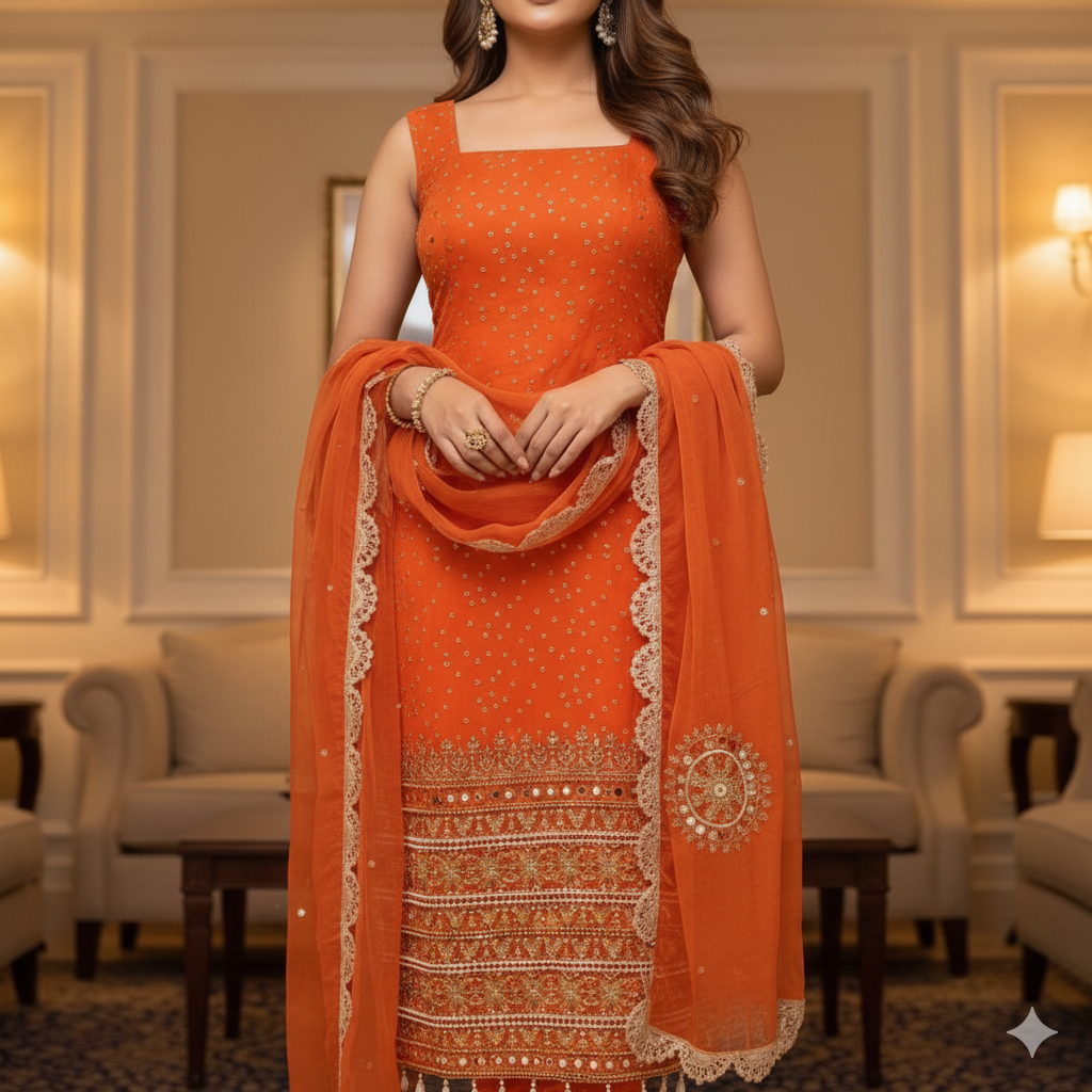 Orange Bandhani Suit with Pearl Moti & Mirror Work_030