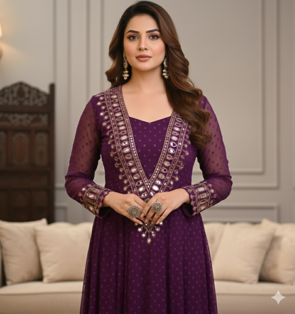 Violet 3-piece Chinon Kurti Set with Real Mirror_035