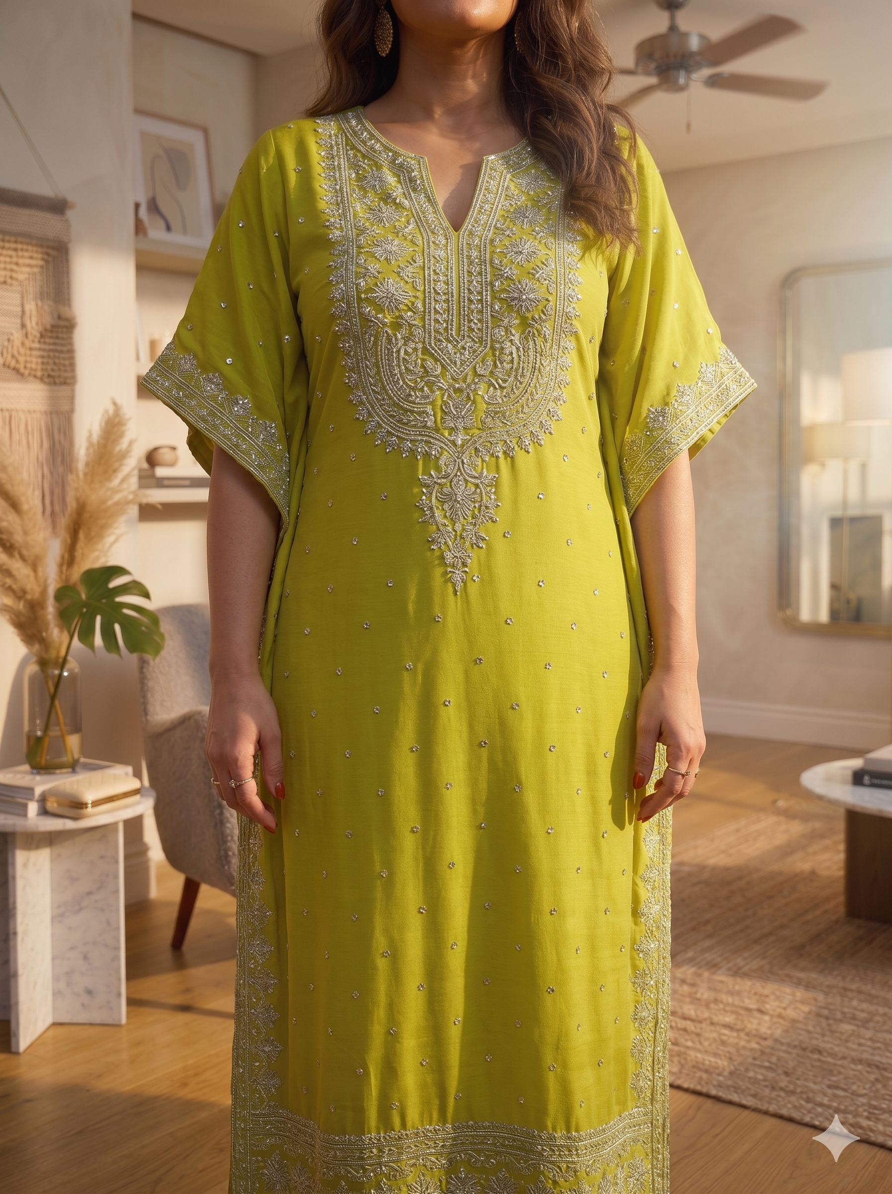 Green Georgette Kaftan Pant Set with Sequins and Zari Work_102