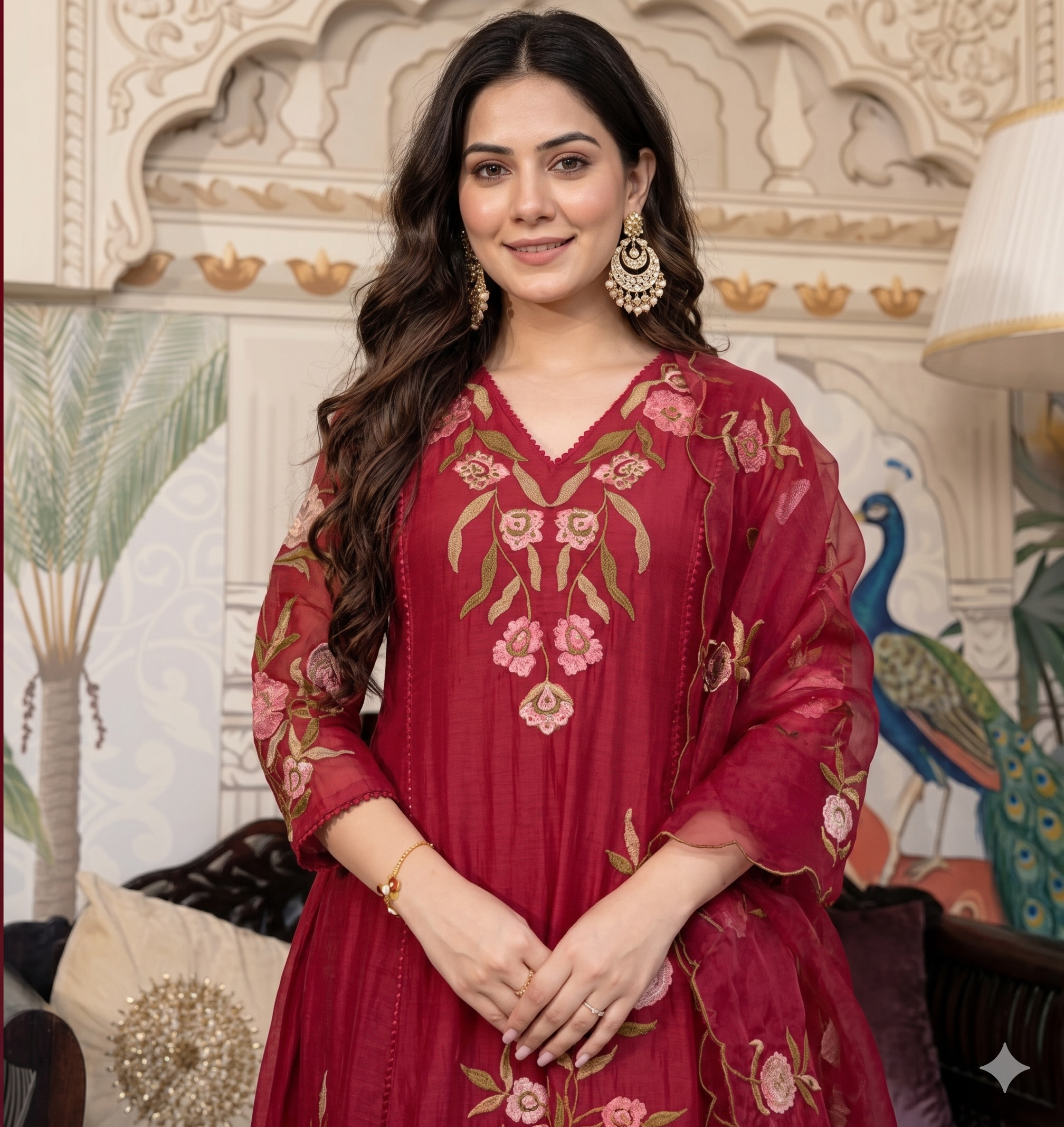 Burgundy Color Muslin Embroidered Kurta Set with Dupatta_101