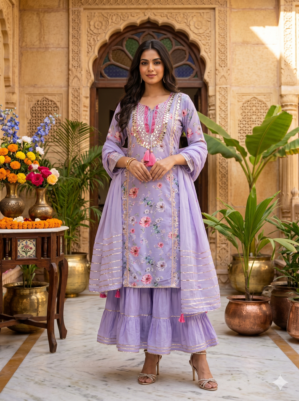 Lavender Muslin Kurta with Flared Skirt & Gotta Detailing_116