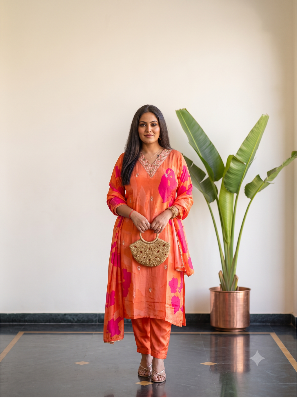 Sunset Orange Pure Crepe Embroidered Suit Set_145