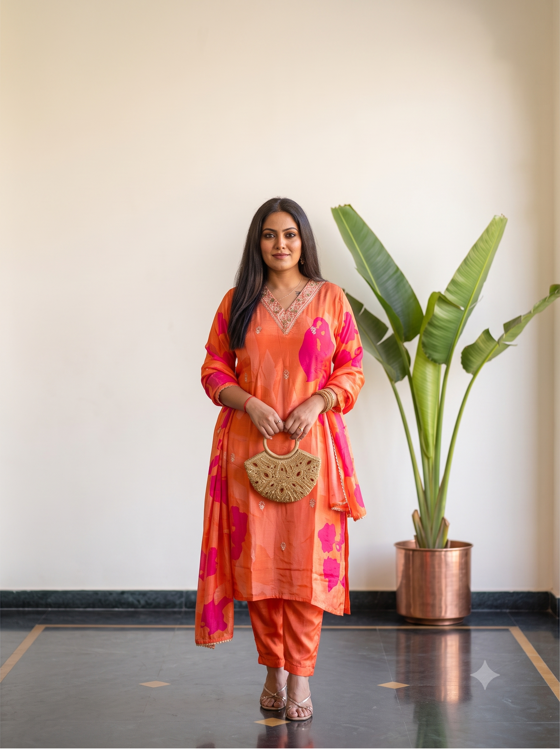 Sunset Orange Pure Crepe Embroidered Suit Set_145