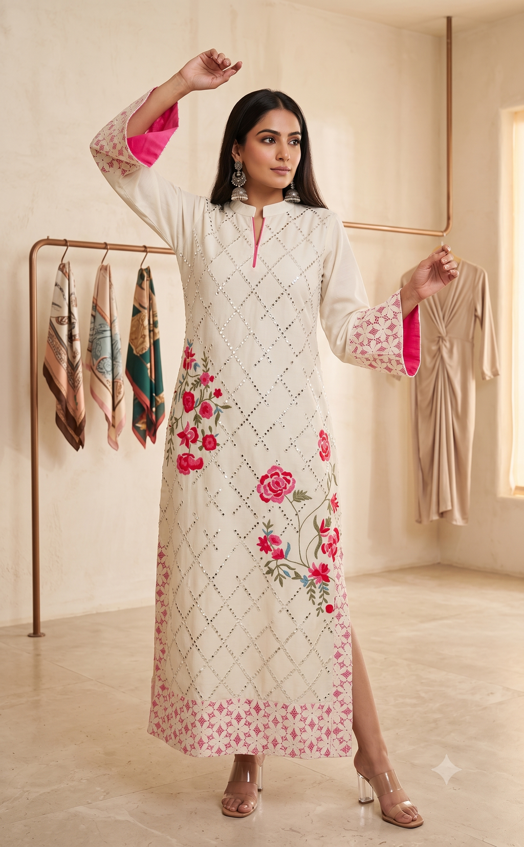 Ethereal Bloom Off‑White & Pink Rose Kaftan Dress_141