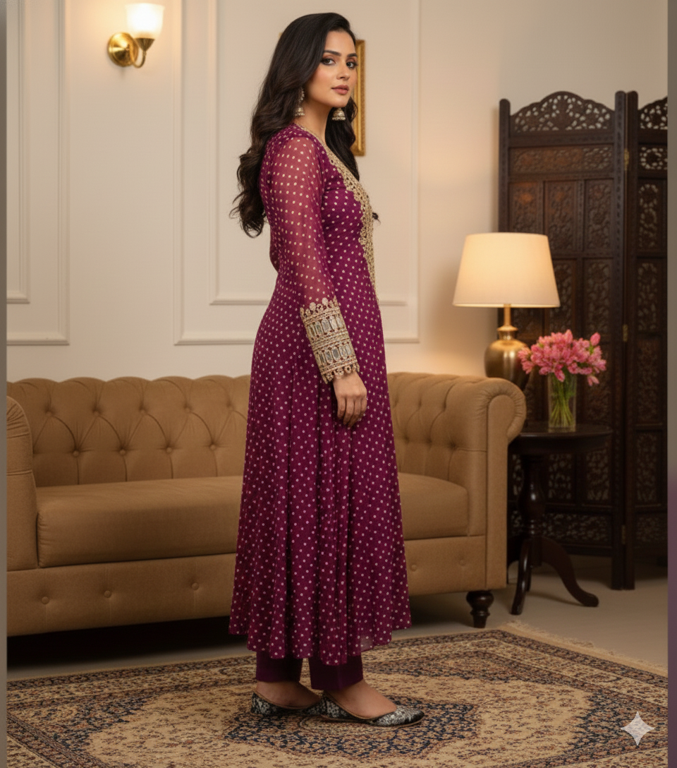 Purple 3-piece Chinon Kurti Set with Real Mirror_033